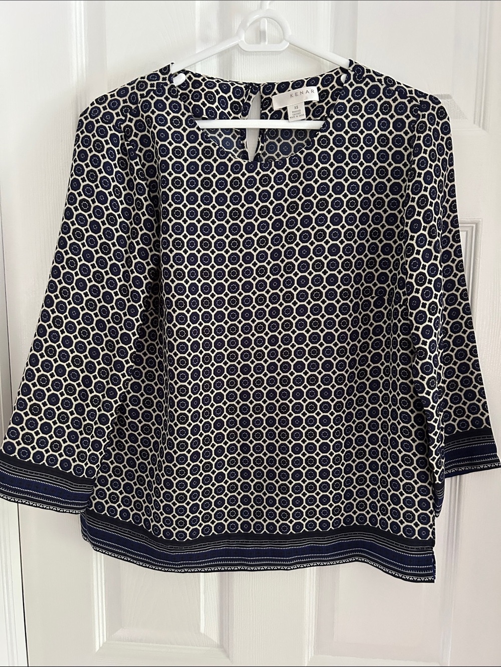 Kenar Navy and White Geometric Keyhole Blouse